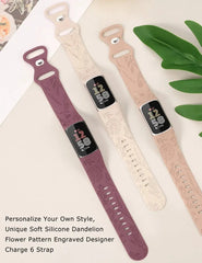 Floral Engraved Silicone Band for Fitbit Charge 5 & 6 - 10 Color Options - 