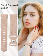 Floral Engraved Silicone Band for Fitbit Charge 5 & 6 - 10 Color Options - 